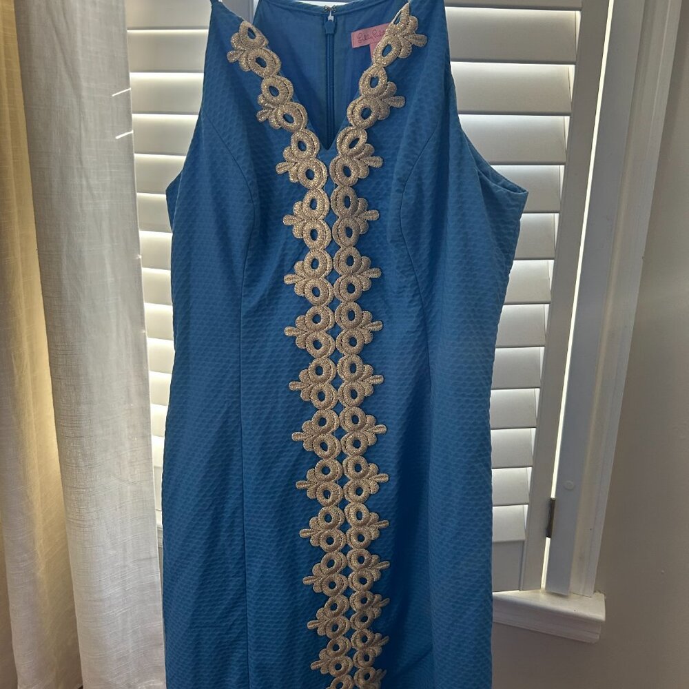 Lilly Pulitizer Blue Dress with Gold Embroidery Size 6 - Picture 5 of 7